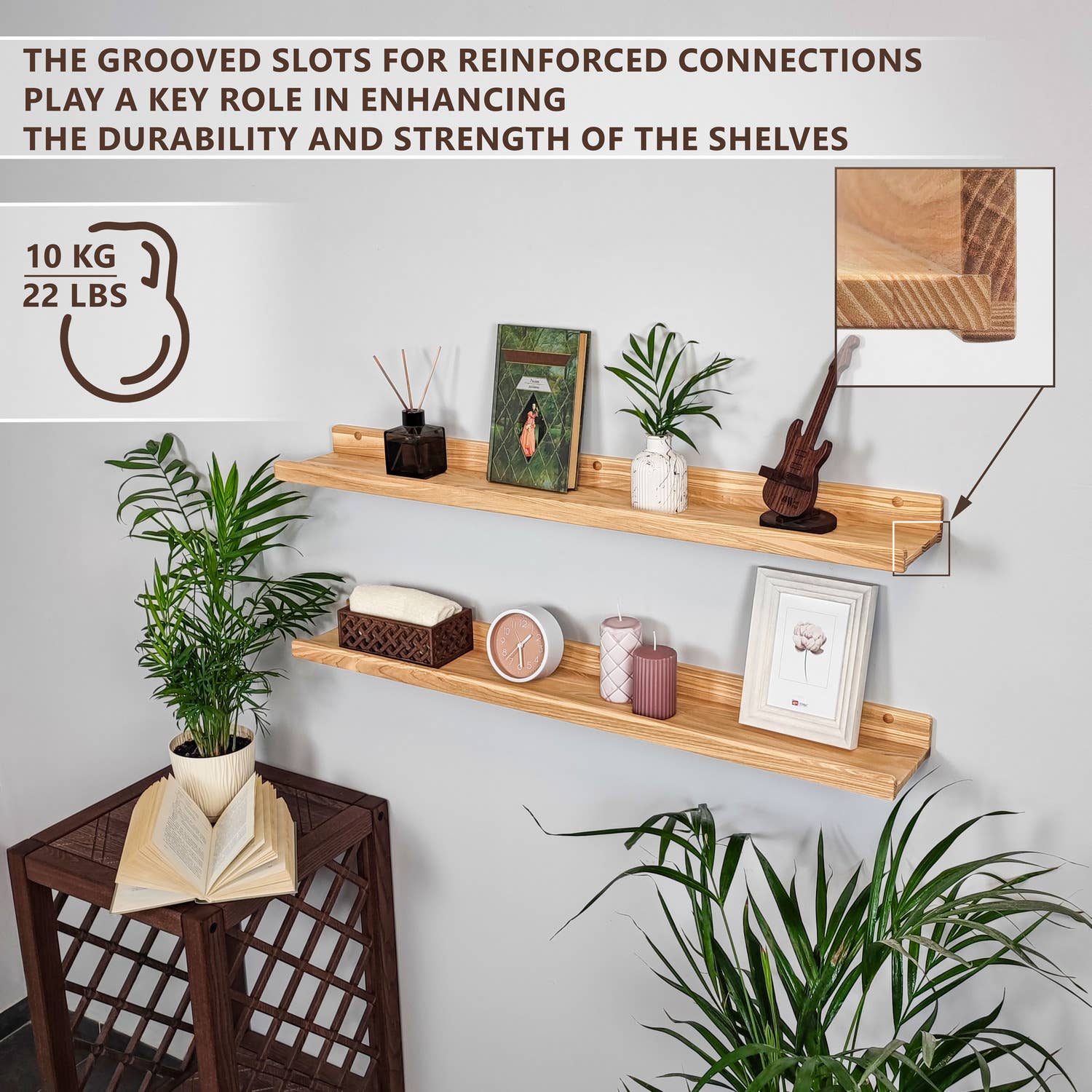 Wood Wedge - Vente Étagères murales - Étagères murales flottantes en frêne naturel avec rebord, lot de 2, 91 cm8