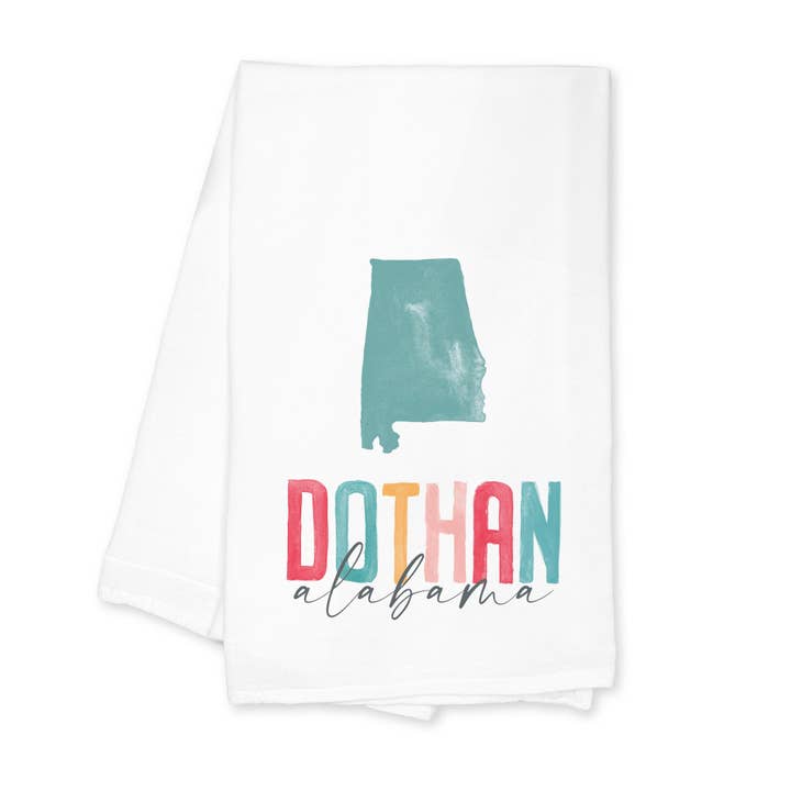 Cotton Tea Towel White-Watercolor City Dothan Alabama for wholesale by Love Local