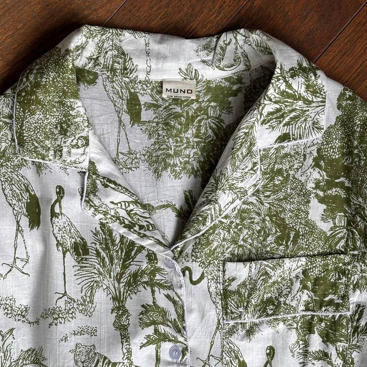 Indian Cotton Pyjama Set in Ecru with Green Jungle for wholesale by Muno