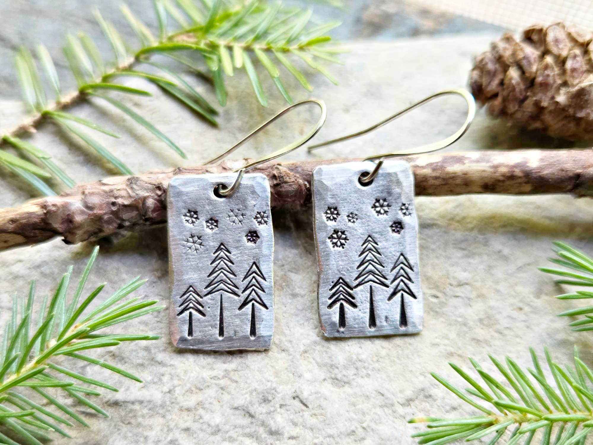Kathryn's Collection - Wholesale Dangle Earrings - Winter Pine Tree Earrings, Christmas, Hand-Stamped Pewter0