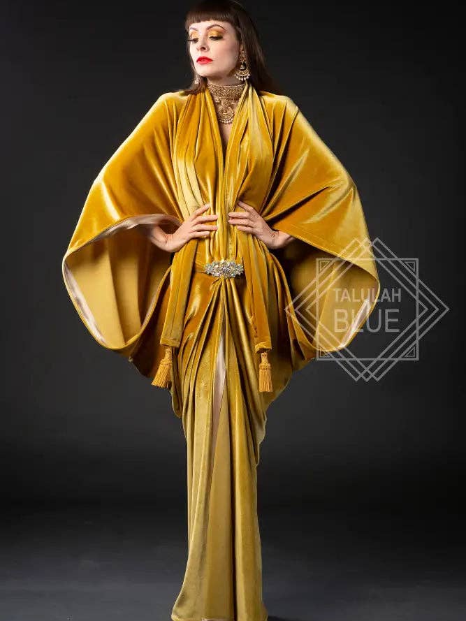 1920s Mustard Velvet Great Gatsby Dress - Floor length flapper Cocoon coat for wholesale by Talulah Blue