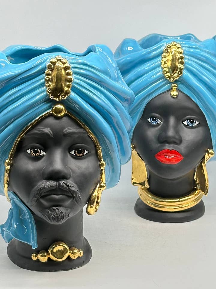 END OF SERIES - Pair of Athena Moorish Heads Caltagirone Ceramic H.30 cm W.23 cm Handmade Matte Sky Blue and Gold for wholesale by DD Ceramiche Siciliane