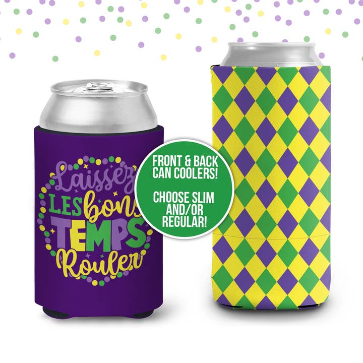 Mardi Gras party can coolies | laissez les bons temps rouler can coolers beverage insulators for mardi gras parade and parties for wholesale by ZA Handmade Wholesale