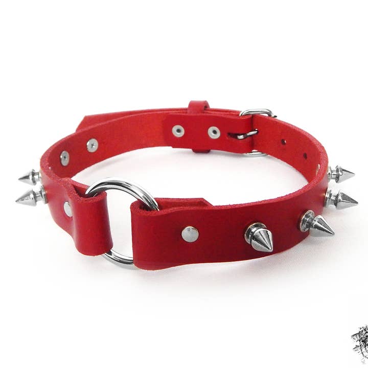 Red Studded O Ring Choker - Red Leather O Ring Collar for wholesale by 8th Sin
