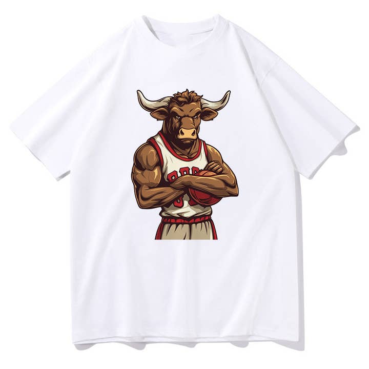 White Slam Dunk Bull Basketball Player Print T-Shirt for wholesale on Faire3