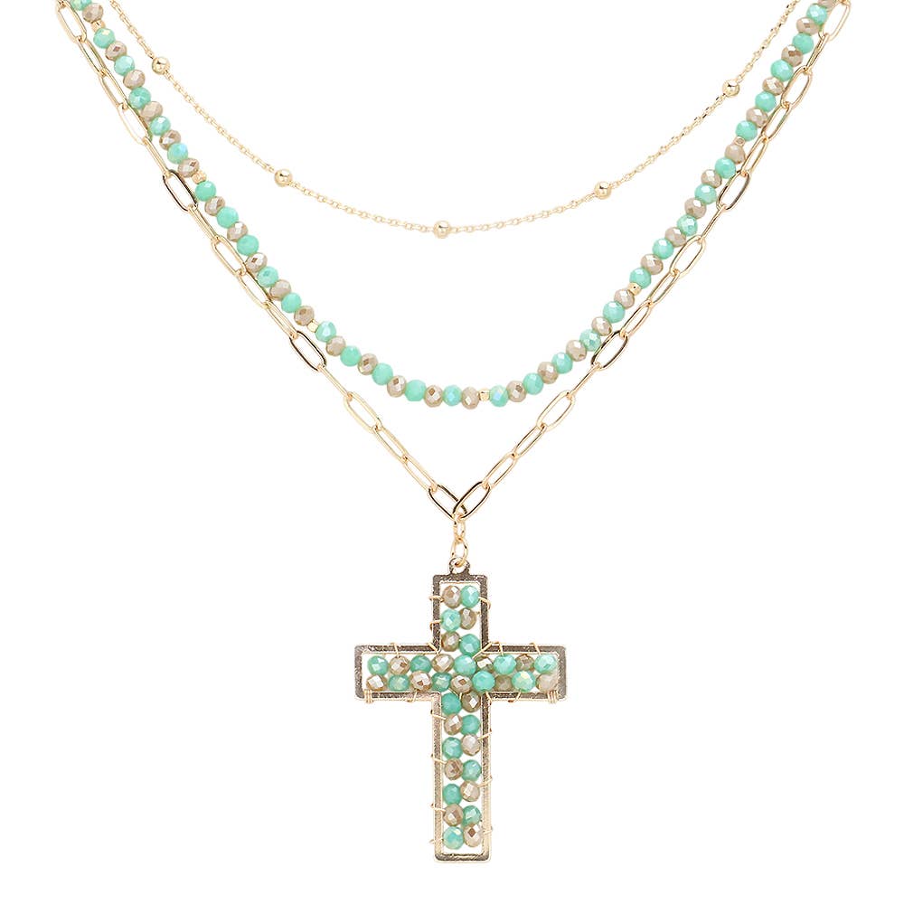Sensibling Corp. - Wholesale Pendant/Charm Necklace - Faceted Beaded Metal Paperclip Chain Layered Cross Pendant Necklace3