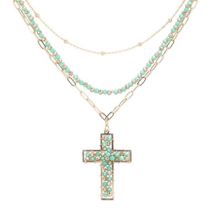 Sensibling Corp. - Wholesale Pendant/Charm Necklace - Faceted Beaded Metal Paperclip Chain Layered Cross Pendant Necklace3
