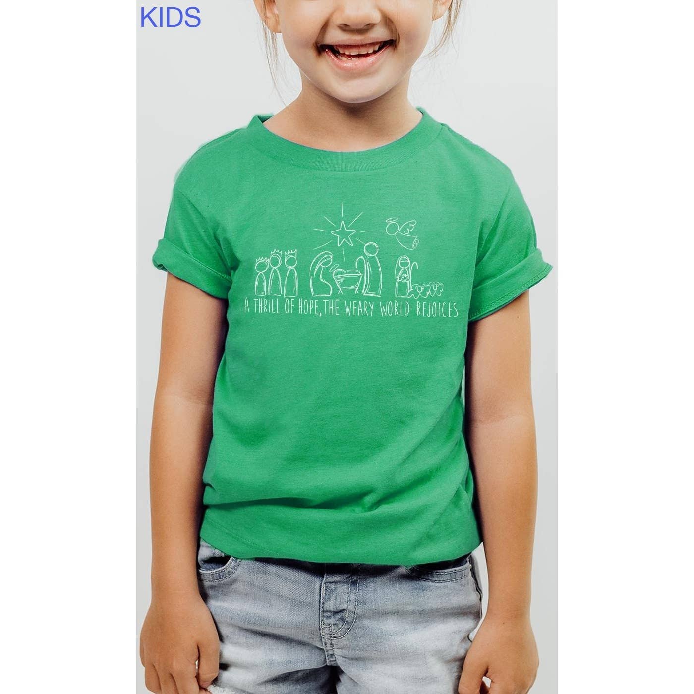 Kids By Kissed Apparel - Vendita all'ingrosso Maglietta serigrafata - Bambini - Maglietta grafica per bambini Nativity Scene The World Rejoices1