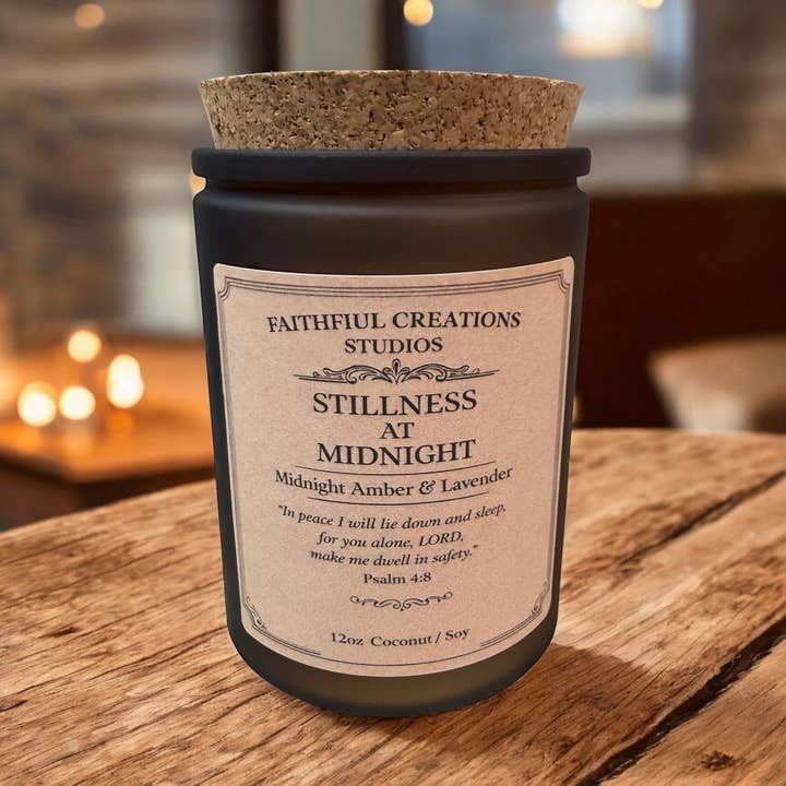 Stillness at Midnight Candle | Midnight , Amber & Lavender for wholesale by Faithful Creations Studios | Candles