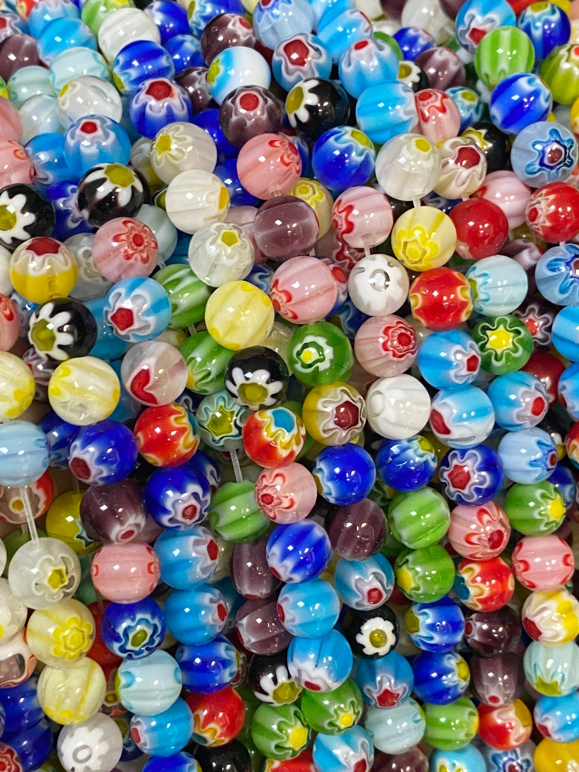 The Bead Bazaar - Wholesale Beads - Murano Style Millefiori Round Beads, 6mm Flower Glass Beads,5