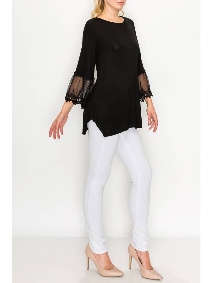 Origami Apparel ~  Lace and Crochet inspired - Wholesale Tunic - Women's - TUNIC TOP WITH LACE SLEEVE TRIMMINGS-4480 BLACK2
