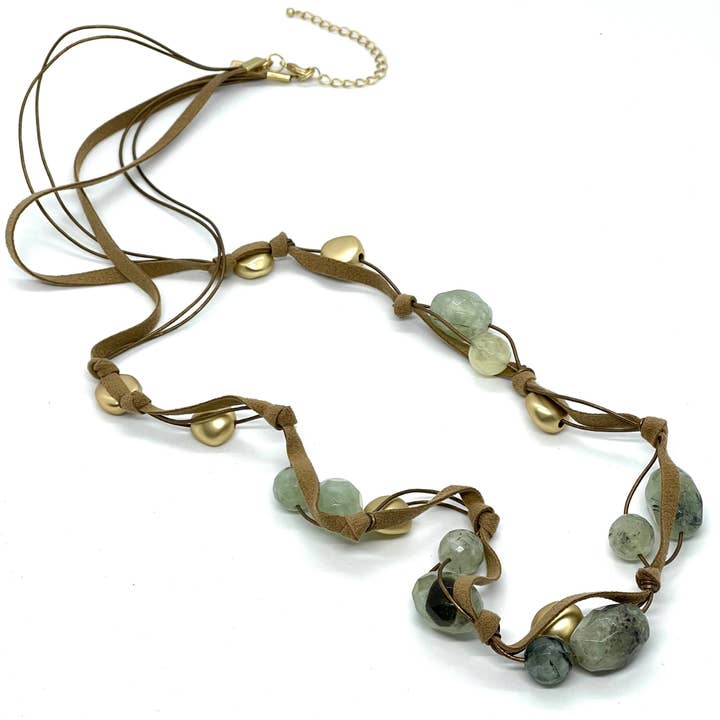 Prehnite and Matte Gold Nugget Necklace on Bronze Linen and Leather for wholesale by Deborah Grivas Designs