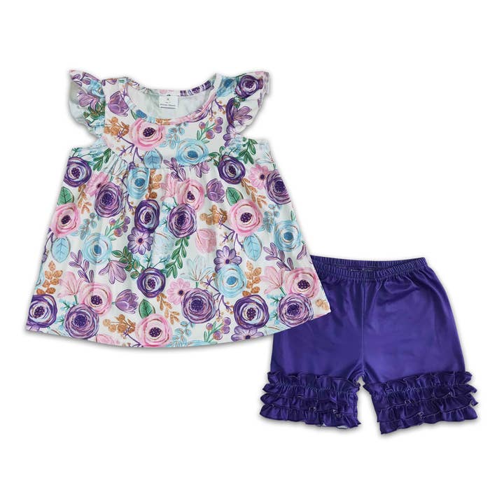 Flutter sleeve pearl shirt purple icing ruffle shorts girls for wholesale by Yawoo Garments