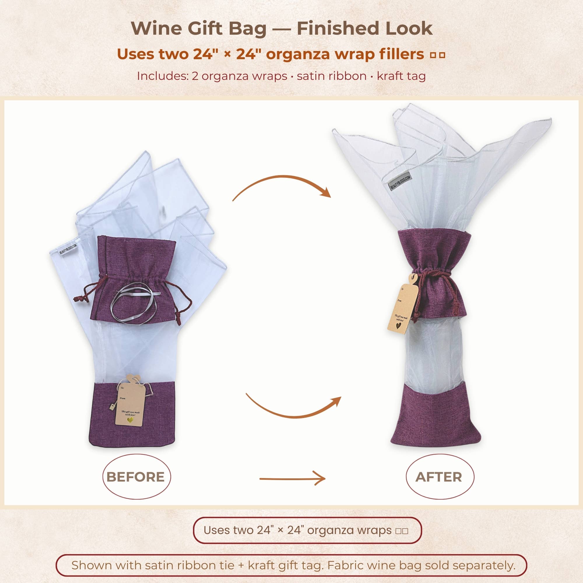 Beauty Blisss - Wholesale Gift Bag Set/Pack - Organza Gift Wrap Fillers – 24" Squares, 5pc & 6pc Sets3