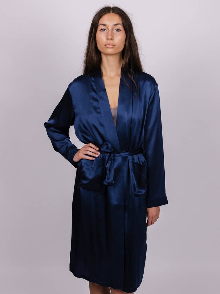 SILK DRESSING GOWN FRENCH NAVY for wholesale by Silk Magnolia