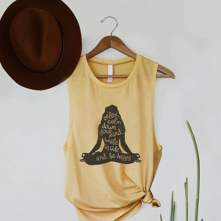 PNTT-Y5016M Relax calm yoga lettering Graphic Tank Top and other Purchase Wholesale zen af. Free Returns & Net 60 Terms on Faire trending on Faire.