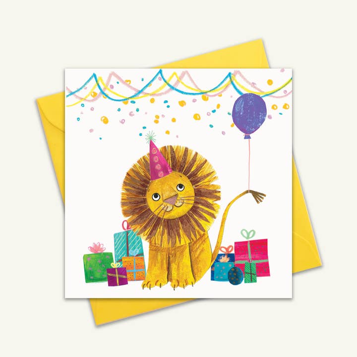 Biglietto di auguri di compleanno con leone per la vendita all'ingrosso da parte di Kate Read Illustration