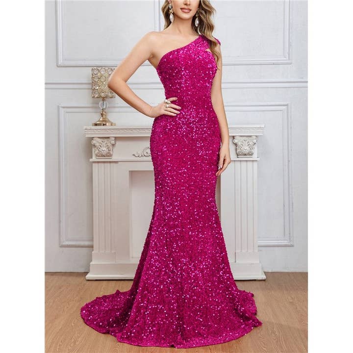 ROSE RED Solid Color One-Shoulder Sleeveless Sequin Backless Train Maxi Dress Gown for wholesale on Faire