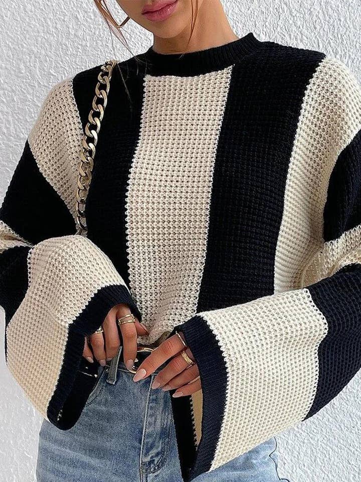Lily Clothing - Wholesale Knit Sweater - Women's - CREW-NECK STRIPED DESIGN OF A NICHE SWEATER