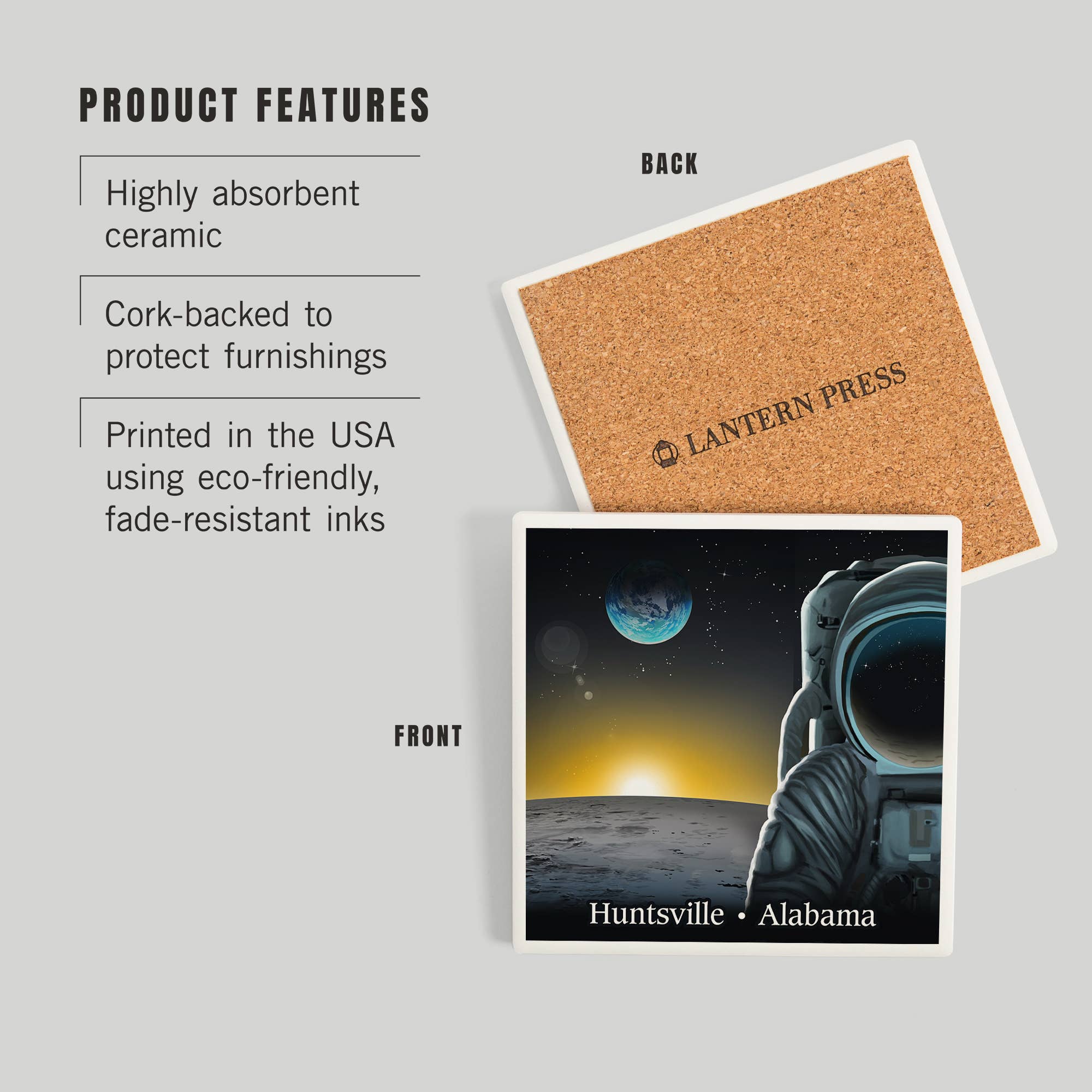 Lantern Press - Venta al por mayor Posavasos - POSAVASOS DE CERÁMICA Huntsville, Alabama Hombre en la luna al atardecer2