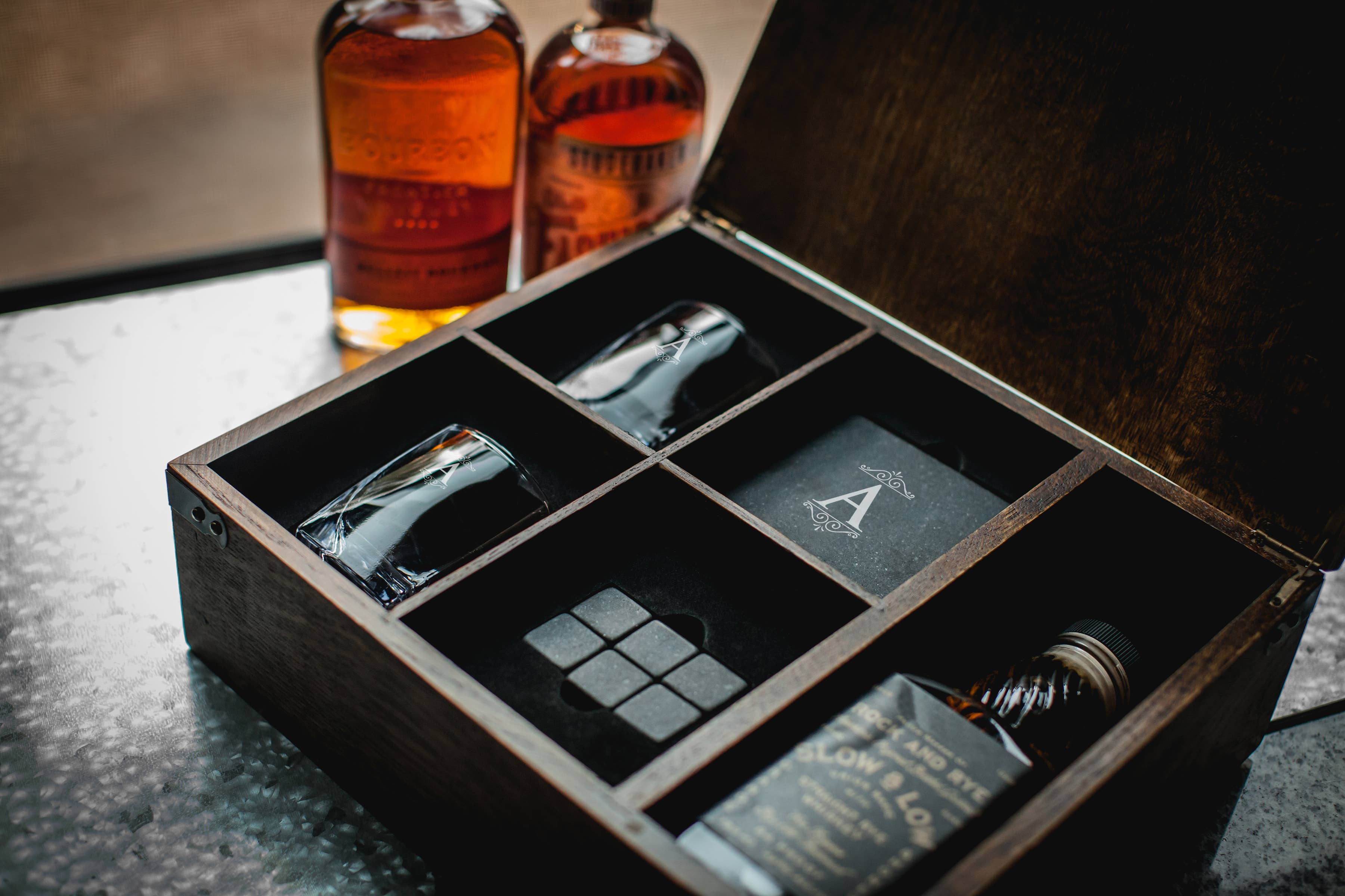 Oak Wood Whiskey Box Gift Set - Monogram for wholesale on Faire