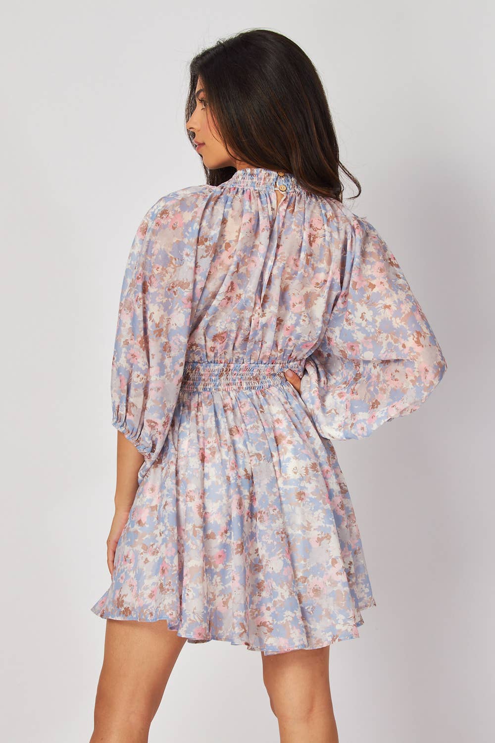 B I G H I T Fashion - Wholesale Dress - Women's - Floral Long Bubble Sleeve V-Neck Mini-Dress HD2574- LAVENDER3