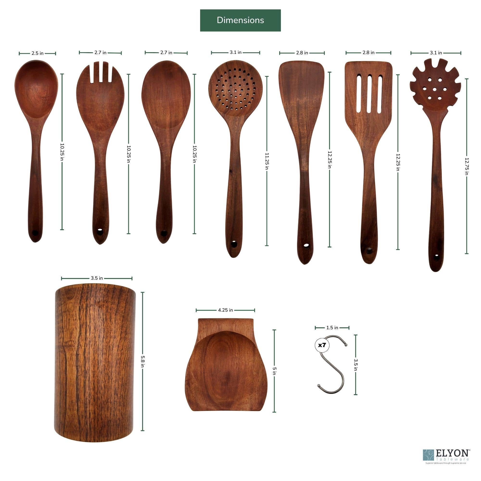 Elyon Tableware® - Vente Assortiment d'ustensiles de cuisine - Ensemble d'ustensiles de cuisine Elyon en bois de teck avec crochets, 9 pièces1