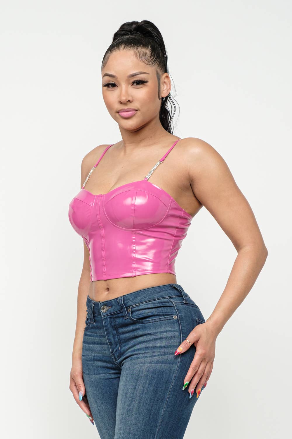 Julia by LoveJ - Wholesale Corset - Women's - Leather Solid Corset Style Chain Trim Strap Top1