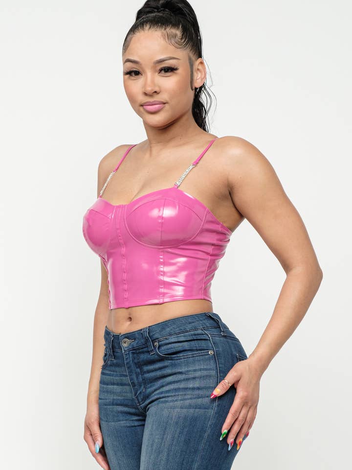 Julia by LoveJ - Wholesale Corset - Women's - Leather Solid Corset Style Chain Trim Strap Top1