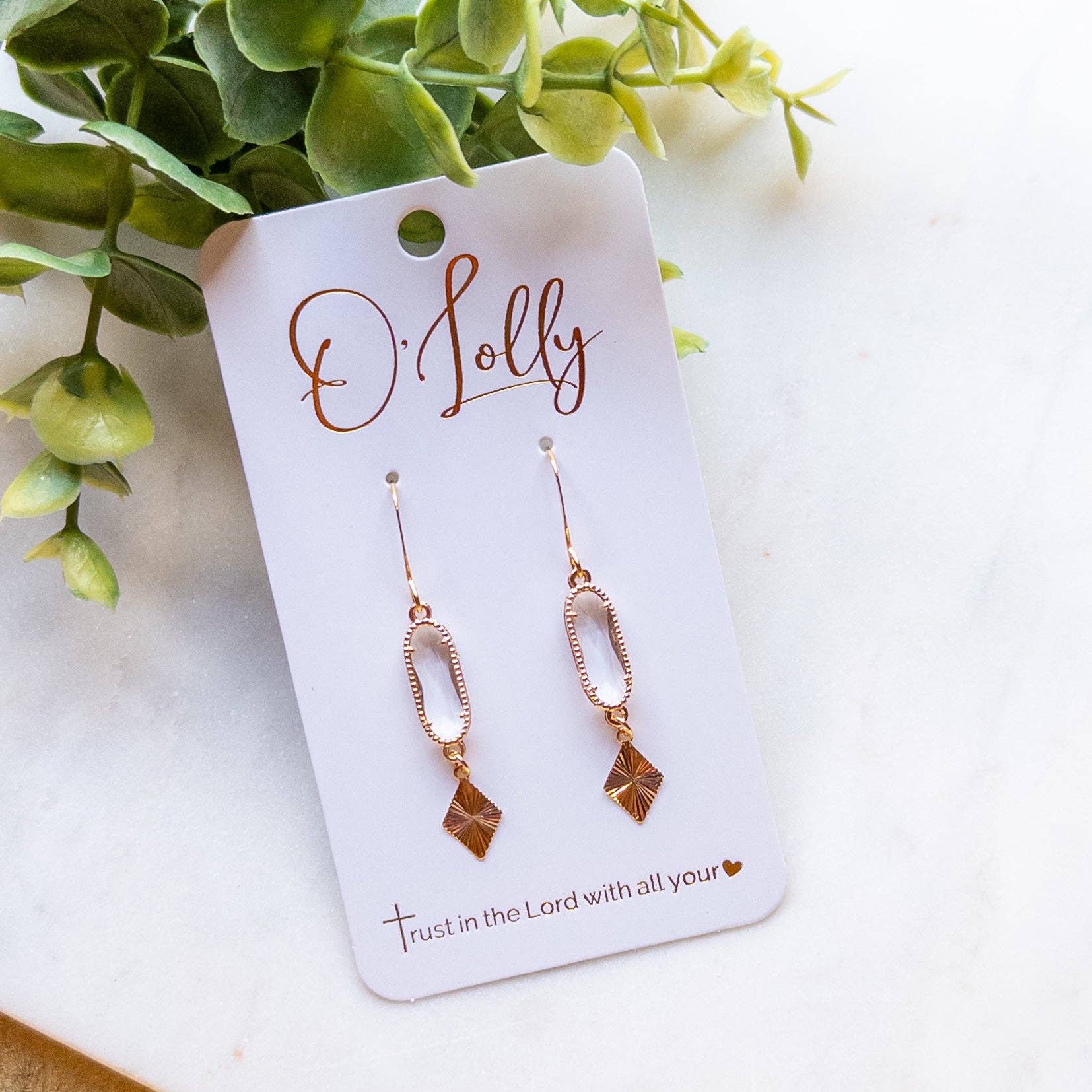 O’Lolly Jewelry - Wholesale Dangle Earrings - Dainty Clear Glass Oval Connector w/24K Gold Plated Textured Charm Earrings “Dani”0