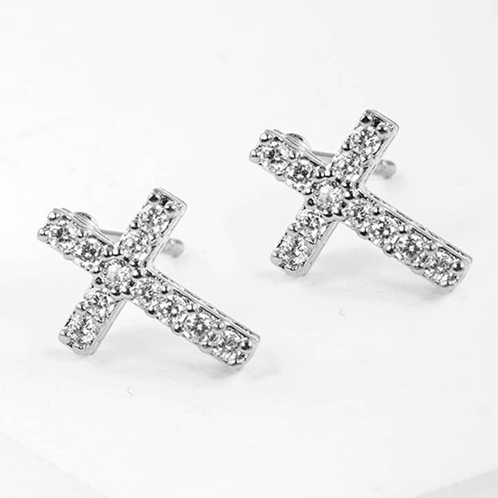 Fashion City - Wholesale Stud/Post Earrings - CZ Gold-Dipped Cross Earrings