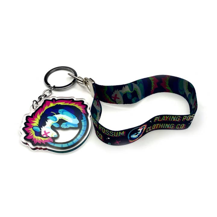 Possum-Spiel Schlüsselanhänger + Armband Lanyard Set für den Großhandel von Playing Possum Clothing Co.
