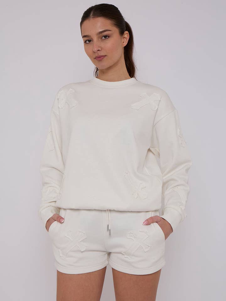 AX Labels - Wholesale Lounge Set - Women's - Crucifix Embroidered Sweatshirt & Shorts Fleece Co-ord31