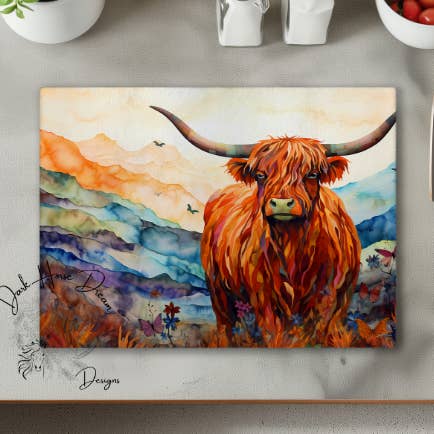 Artistic Style Highland Cow - Mountain View - Cutting Board for wholesale by Dark Horse Dream Designs LLC