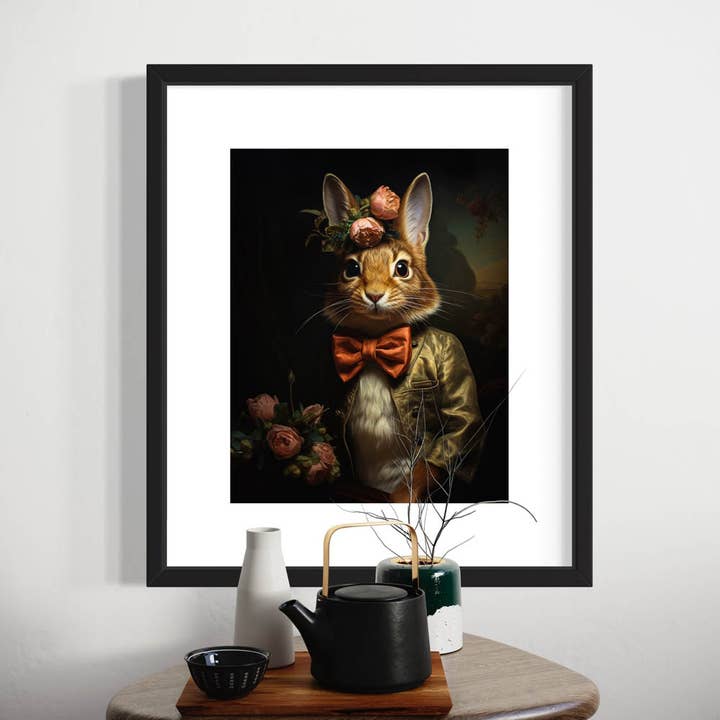 Salty Alyce - Vente Affiche d'art - Tableau mural lapin victorien aux fleurs roses 17AS2