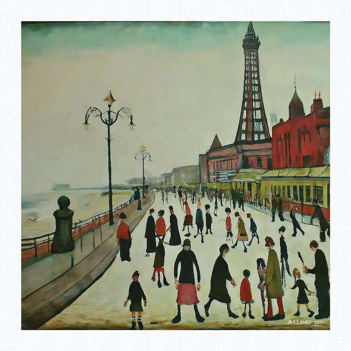 Blackpool Front Giclée Art Print 21cm Square. Enchanting Image in the Style Of LS Lowry for wholesale by AI Lowry