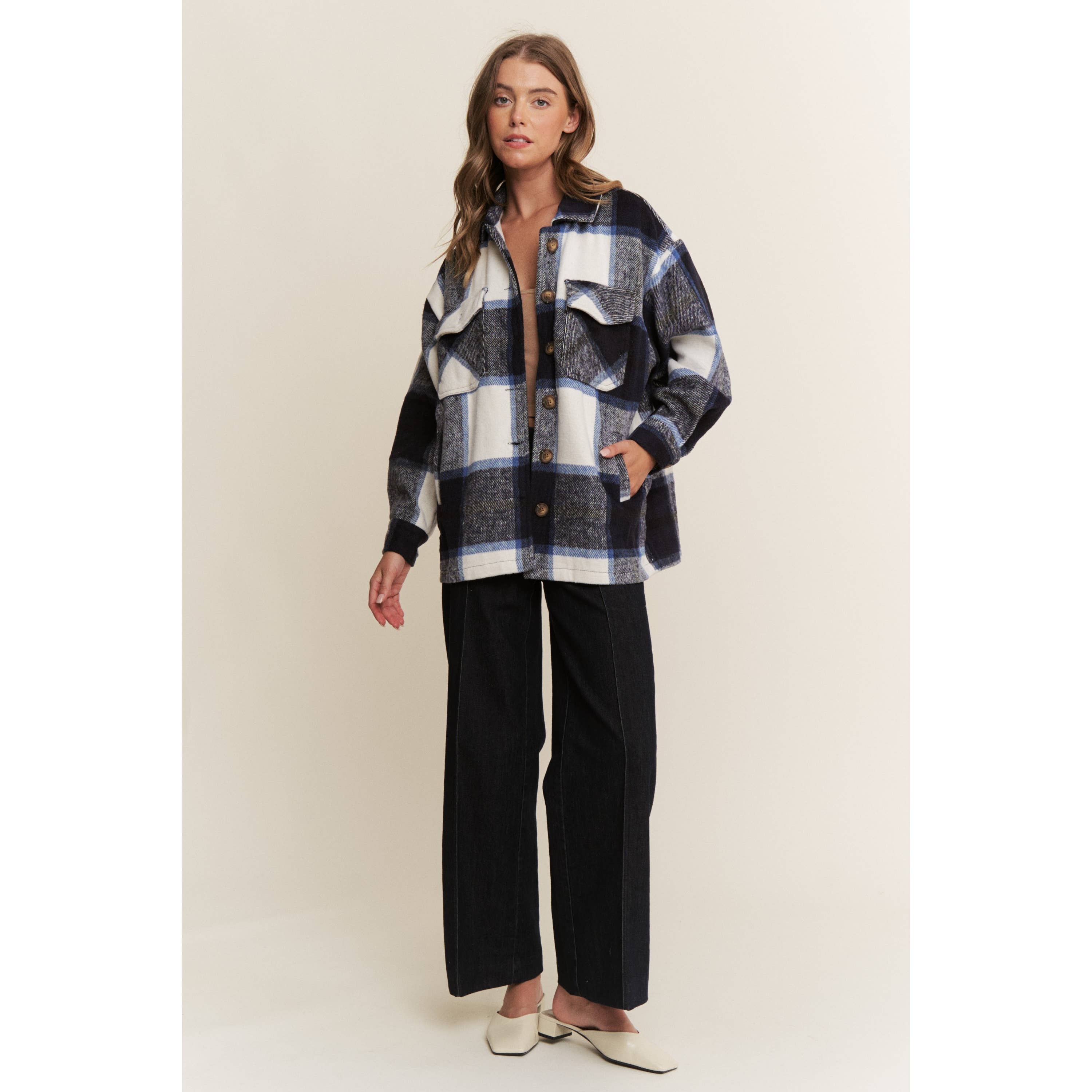 Sweet Generis - Wholesale Shirt Jacket/Shacket - Women's - FUZZY PLAID BUTTON DOWN FLANNEL SHIRT JACKET2