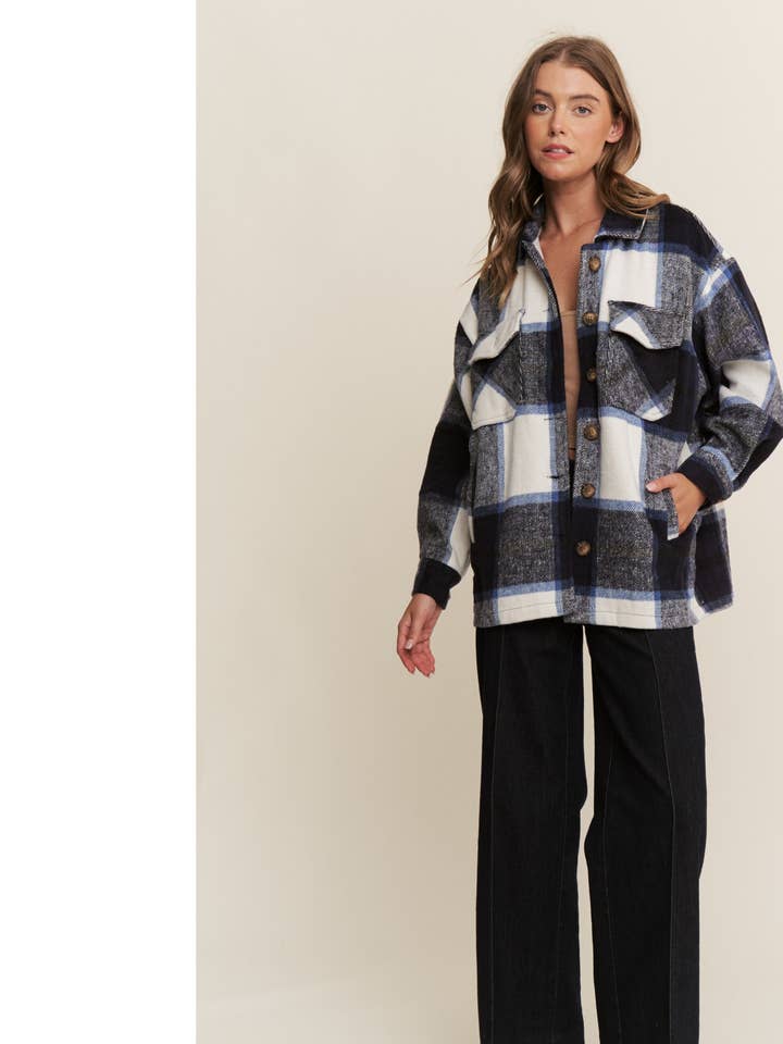 Sweet Generis – wholesale Shirt Jacket/Shacket - Women’s – FUZZY PLAID BUTTON DOWN FLANNEL SHIRT JACKET2