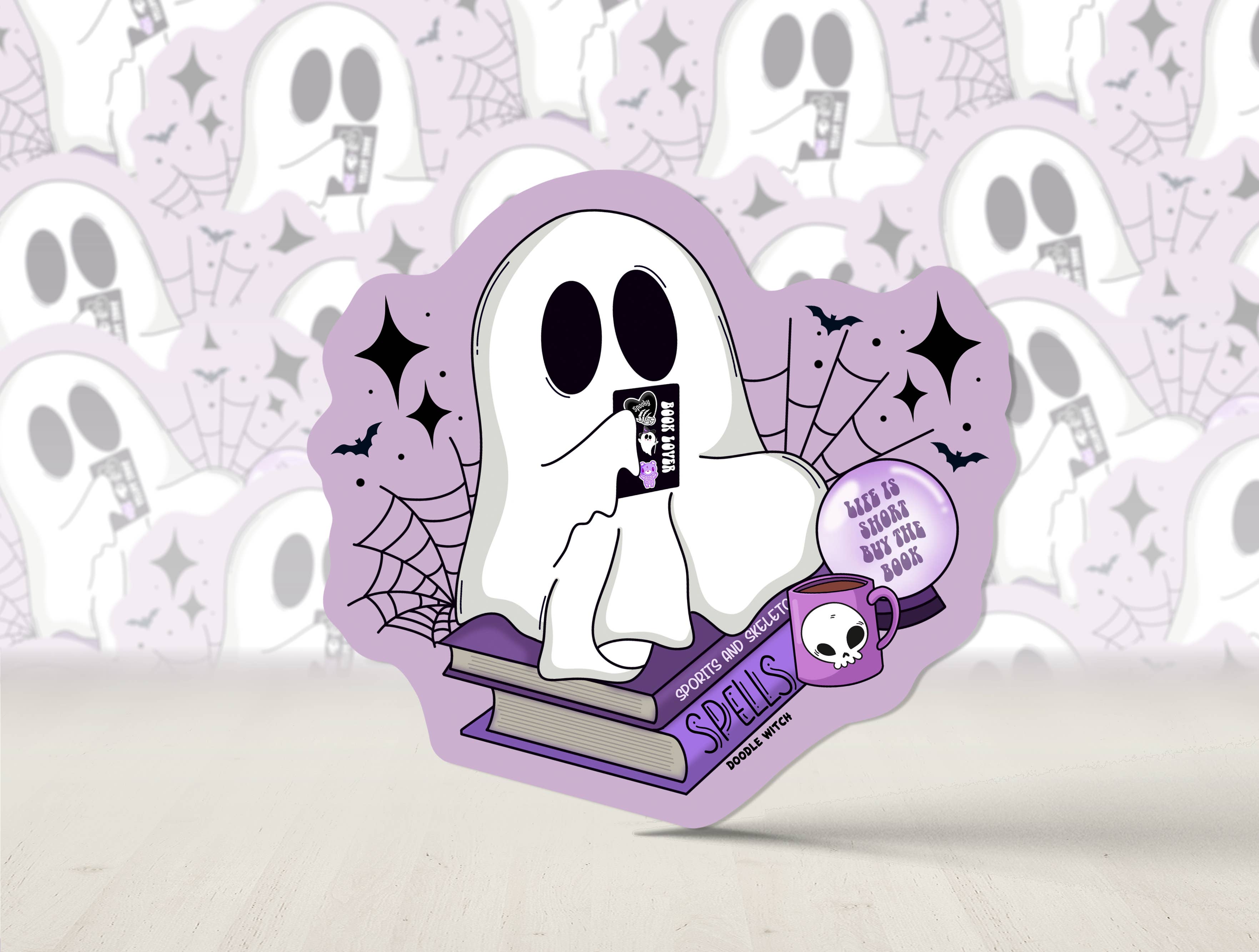 DoodleWitch - Wholesale Sticker - Ghost With Kindle Sticker, Ghost Reading Sticker