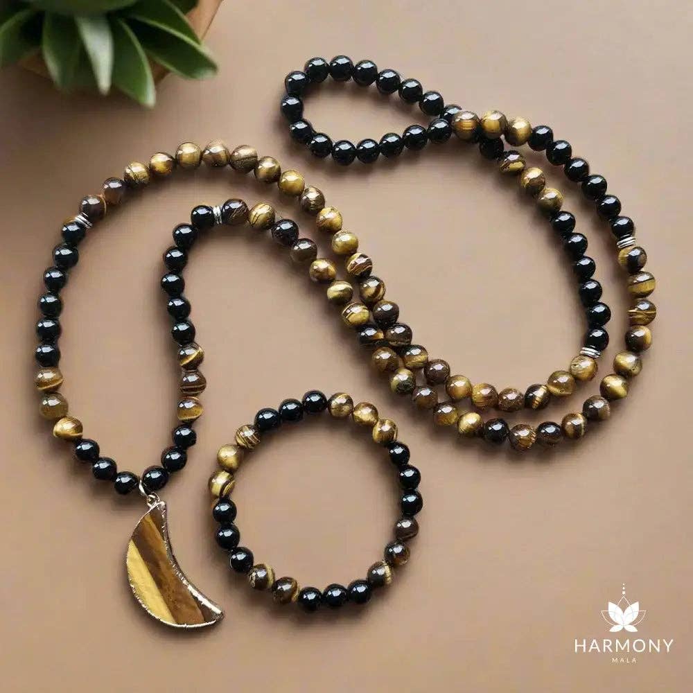 Harmony Mala – wholesale Beaded/pearl necklace – Black Onyx and Tiger Eye Moon Pendant Mala Bead Necklace 7