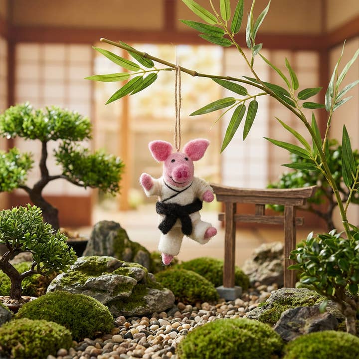Felt So Good - Wholesale Ornament - Handmade Felt Pork Chop Hanging Karate Pig Dec5