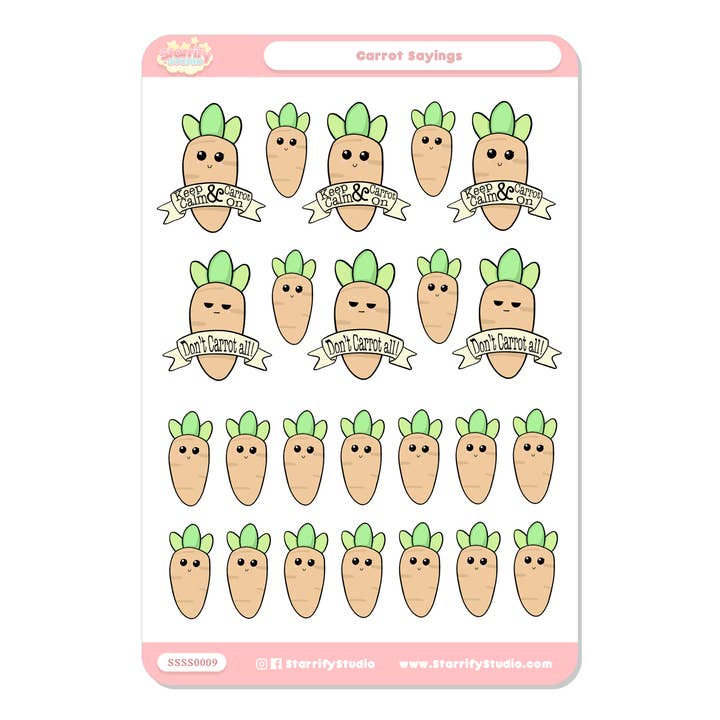 Carrot Sayings Sticker Sheet for wholesale by Pastel Dreamer, LLC.