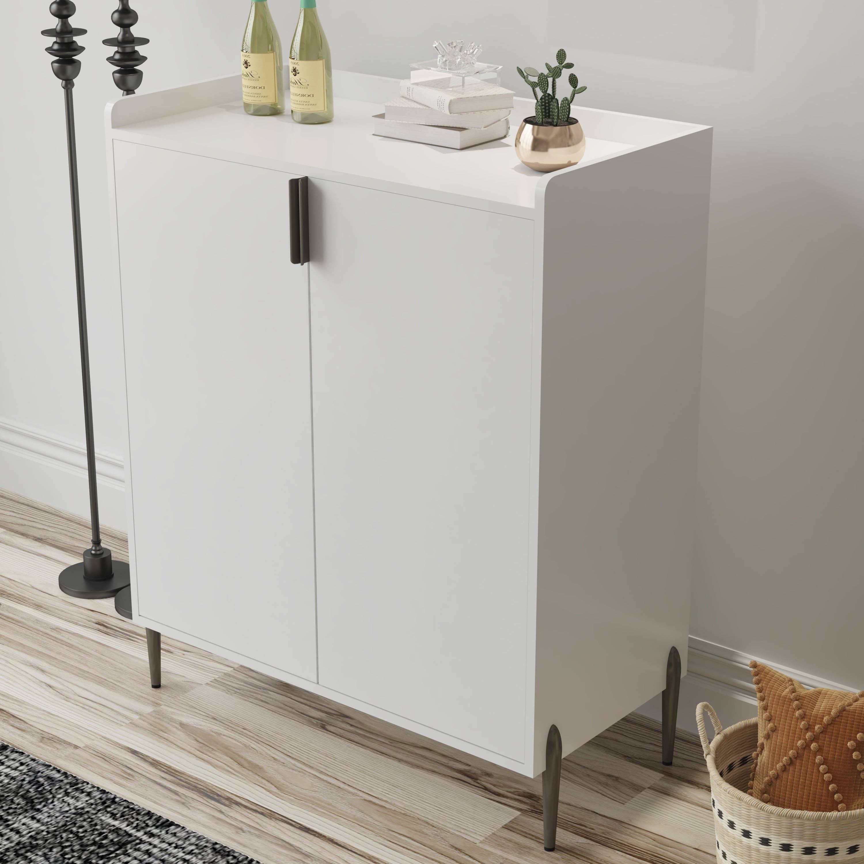 39F Inc. - Wholesale Cabinet - 2 doors home wine bar cabinet with wine rack & adjustable storage shelf, modern sideboard with soft-closing hinge, dinning room buffet cabinet, Liquor Cabinet kitchen, living room coffee cart White3