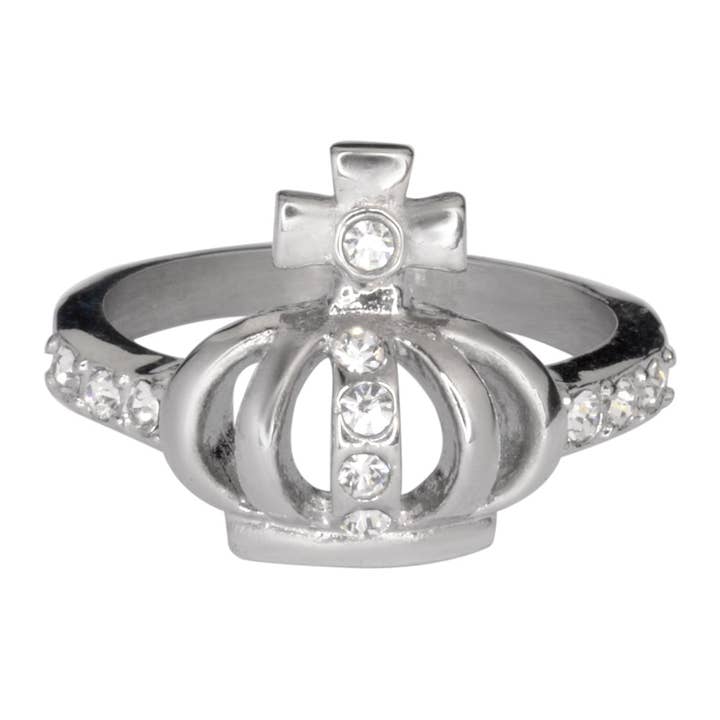 SK1031 Bague Couronne avec Croix en Imitation Diamant pour Femmes en Acier Inoxydable Bijoux de Moto Tailles 5-9 pour la vente par Heavy Metal Jewelry