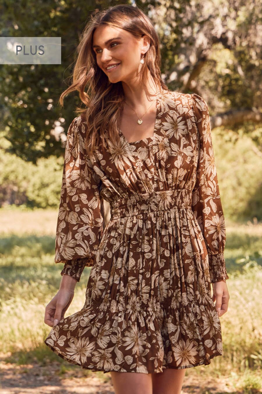 Mocha Multi Plus Sheer Floral Mini Dress for wholesale on Faire0