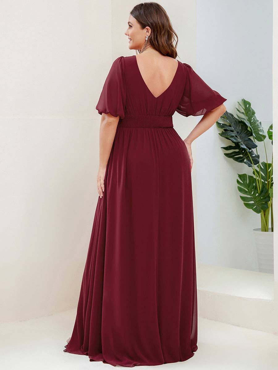 Ever-Pretty - Wholesale Gown - Women's - Plus Deep V Neck A Line Half Puff Sleeves Bridesmaid Dress2