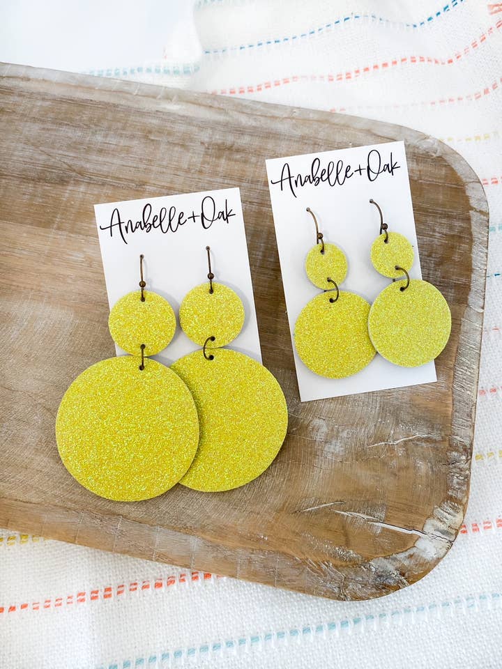 Yellow Rounds | glitter disc geometric leather earrings for wholesale by Anabelle+Oak