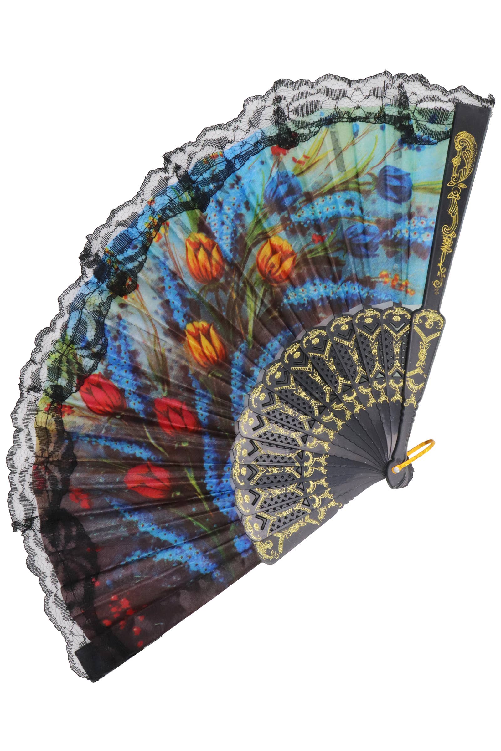 Cap Zone - Wholesale Handheld Folding Fan - Sheer Floral Black Lace Trim Hand-Held Folding Fan9