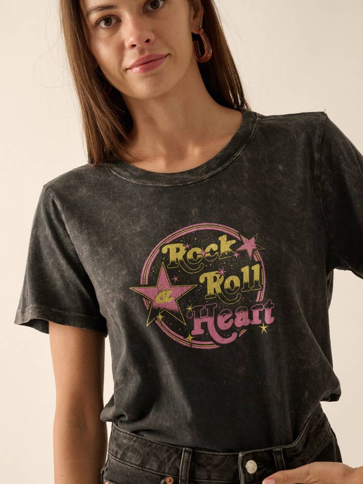 Rock & Roll Heart Mineral Wash Graphic Tee for wholesale by Vintage Canvas