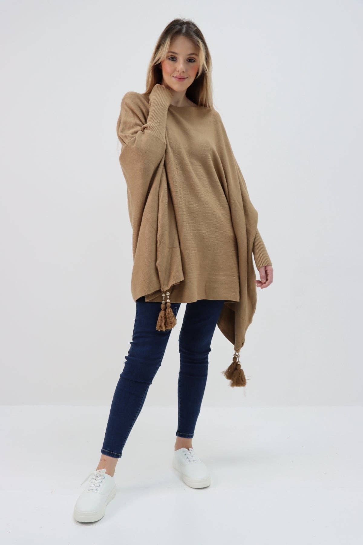 Miss Bold - Wholesale Poncho - Women's - Italian Plain Batwing Sleeves Tassels Tunic Poncho6